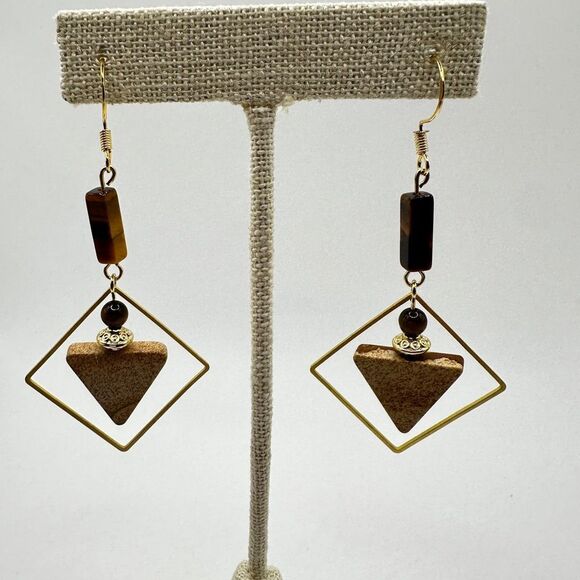 NWOT Geometric shape Tigers Eye and Picture Jasper stone dangle earrings in 925! - Picture 6 of 11